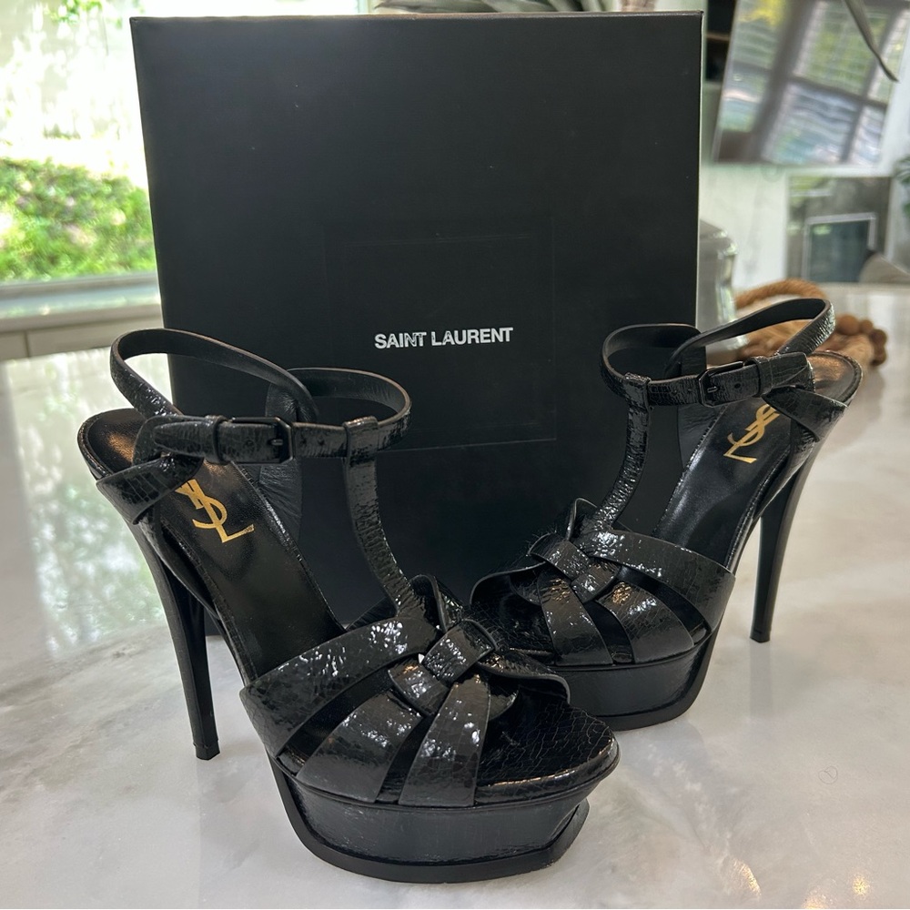 Yves Saint Laurent Shiny Black Strappy Heels like new YSL - Picture 2 of 9
